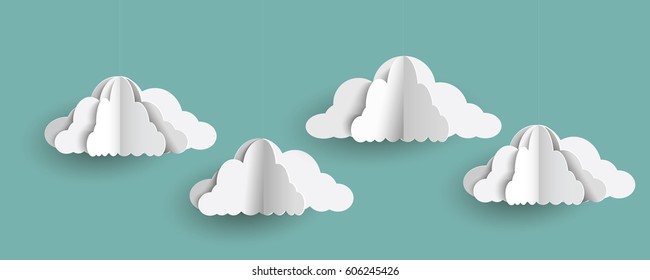 Origami clouds in paper art style on blue sky. Vector set of paper clouds