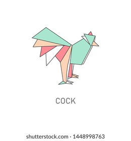 Origami cock symbol folded from colorful paper, cartoon rooster design from geometric shapes. Farm animal toy line art isolated on white background - flat line art vector illustration