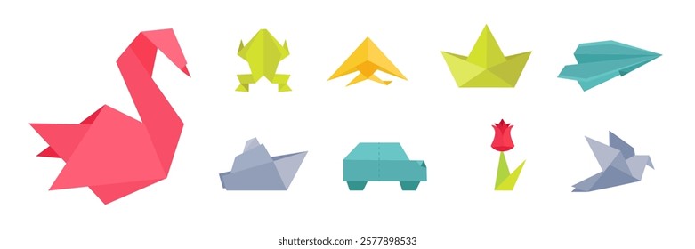 Origami collection. Paper figures. Frog, fish, swan and dove. Traditional oriental art, artistic hobby. Car, ship, plane and flower. Handmade decorations. Cartoon vector illustrations set.