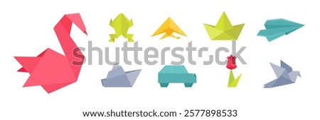Origami collection. Paper figures. Frog, fish, swan and dove. Traditional oriental art, artistic hobby. Car, ship, plane and flower. Handmade decorations. Cartoon vector illustrations set.