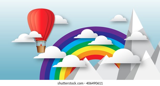 Origami Colorful hot air balloon on the blue sky with clouds,mountains peak and rainbow. Paper Balloon fly to sky. Vector applique illustrations.