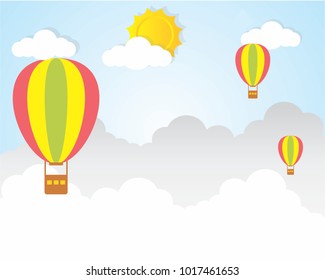 Origami Colorful hot air balloons on the blue sky with clouds, paper cut, paper art, origami style