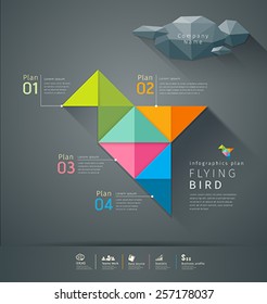 Origami colorful paper flying bird infographic design with cloud and icons, vector illustration