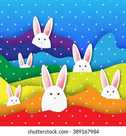 Origami Colorful Rainbow Greeting card with Happy Easter - with white Easter rabbit. Spring Funny Bunny with rainbow. Easter Bunny. Easter Egg 