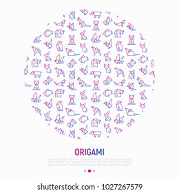 Origami concept in circle with thin line icons: penguin, camel, fox, bear, sparrow, fish, mouse, bird, elephant, kangaroo, hare, seal. Modern vector illustration for workshop with place for text.