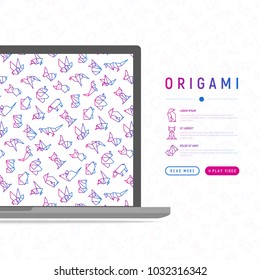Origami concept with thin line icons: penguin, camel, fox, bear, sparrow, fish, mouse, bird, elephant, kangaroo, hare, seal, raccoon. Modern vector illustration for workshop with place for text.