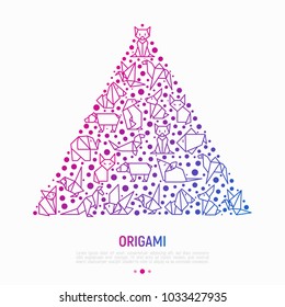 Origami concept in triangle with thin line icons: penguin, camel, fox, bear, sparrow, fish, mouse, bird, elephant, kangaroo, hare, seal, raccoon. Modern vector illustration for workshop, banner.