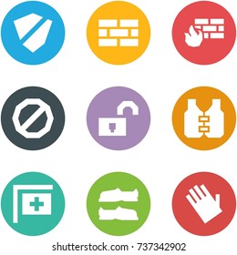 Origami corner style icon set - shield, firewall, prohibition sign, unlocked, life vest, medical post, galoshes, glove