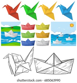Origami craft with bird and boat illustration