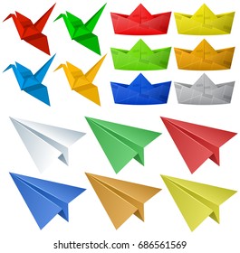 Origami craft with birds and planes illustration