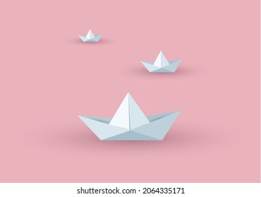 
Origami, barcos de papel artesanal en un fondo rosado.Ilustraciones vectoriales