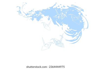 origami crane bird blue white pastel japanese chinese traditional vector illustration card background colorful watercolor ink textured korean