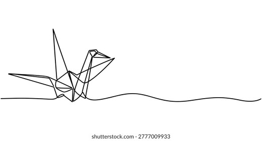 Origami crane bird sitting on wavy line paper folding in white background