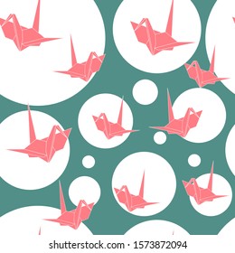 Origami crane and dots background, seamless pattern, vector illustration