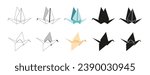 Origami crane Folded Paper Shapes. Flat Illustration Set. line, graphic, color and Black silhouette icon