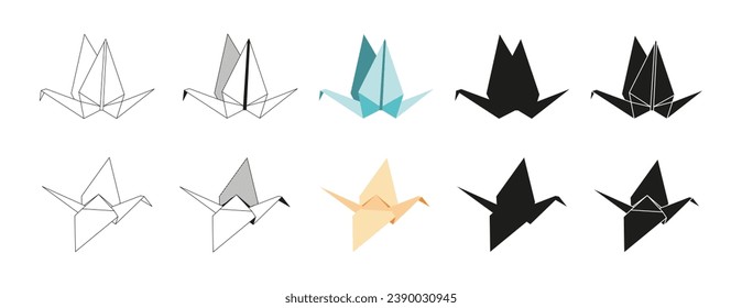 Origami crane Folded Paper Shapes. Flat Illustration Set. line, graphic, color and Black silhouette icon