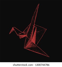 The origami crane isolated from the background. East art of origami. Paper bird. Hand drawn, ink, graphics, vintage illustration.  