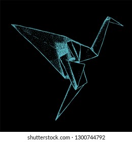 The origami crane isolated from the background. East art of origami. Paper bird. Hand drawn, ink, graphics, vintage illustration.  
