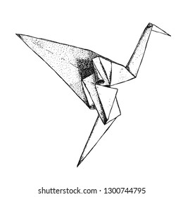 The origami crane isolated from the background. East art of origami. Paper bird. Hand drawn, ink, graphics, vintage illustration.  