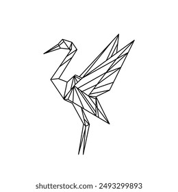 origami crane isolated on white background. Line art bird 