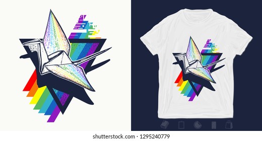 Origami crane. Print for t-shirts and another, trendy apparel design. Paper birds and rainbow. Creativity symbol imagination, multicultures, friendship 