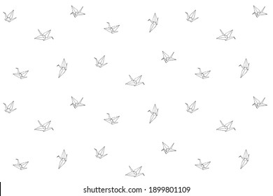 Origami crane seamless pattern. Endless vector print with hand drawn paper orizuru icon. Ink drawing sketch illustration isolated on white background.
