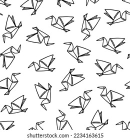Origami crane seamless vector pattern. Folded paper in the shape of a bird. Hand drawn simple doodle on white background. Traditional Japanese needlework, hobby. Cartoon backdrop for wallpaper, web