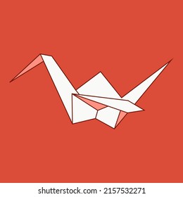 Origami crane vector cartoon illustration isolated on a red background.