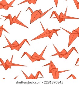 Caricatura de vectores de grúas de origami con fondo de patrón sin fisuras para papel pintado, envoltura, embalaje y fondo.