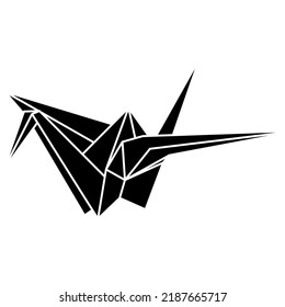 Origami Crane Vector Silhouette Illustration Icon Isolated On White Background. Japanese Traditional Origami Crane For Infographic, Website Or App. Geometric Line Shape For Art Of Folded Paper.