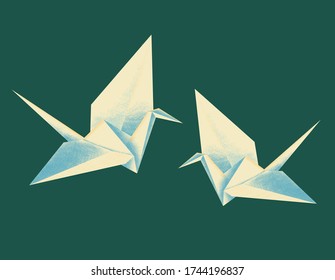 
Origami crane vector stock illustration with texture. Paper figure bird crane. Attribute of Asian culture. Hobby. Origami bird retro paper design element. Stylized vector image.