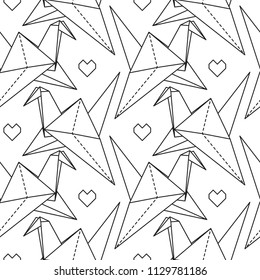 Origami cranes. Seamless black and white geometric pattern