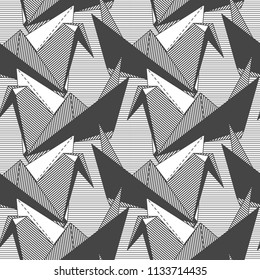 Origami cranes. Seamless black and white geometric pattern