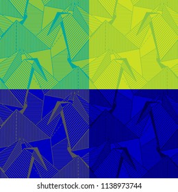 Origami cranes. Seamless blue and green geometric pattern