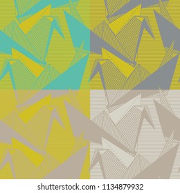 Origami cranes. Seamless blue and yellow geometric pattern