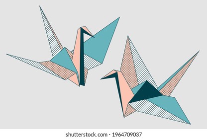 Origami cranes vector artwork. Illustration of two abstract birds. Traditional asian symbolic animal.