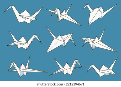 Origami cranes vector cartoon set isolated on background.