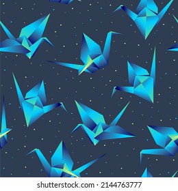 Origami Cranes Vector Seamless Pattern. Paper Crane. Blue Illustration.