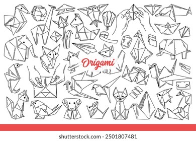 El origami creado a partir de hojas de papel simboliza el arte y el deseo de desarrollo creativo. Productos japoneses de origami en forma de animales y peces o botes con flores. Doodle dibujado a mano