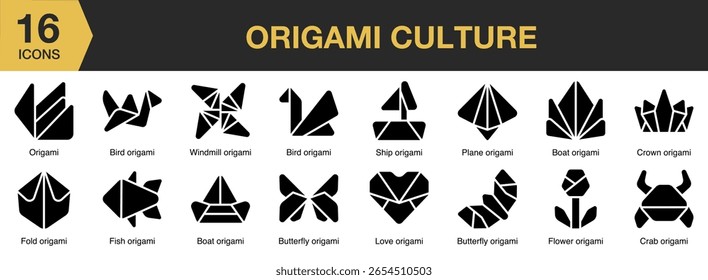 Origami Cultura conjunto de ícone sólido. Inclui origami, cultura, japonês, tradicional, arte e muito mais. Coleção vetorial de ícones sólidos.