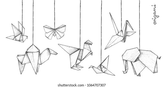 Origami - decoration - 7 gray paper figures of animals