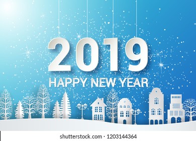 Origami Decoration background. Seasonal holidays. Houses and trees on the hills, winter holidays. Winter Snow Urban Countryside Landscape City Village, Happy new year 2019 and Merry christmas