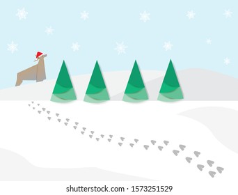Origami deer on the hill with pine tree and snowing background,deer tracks on the snow,vector illustration.