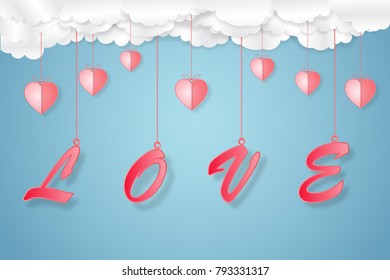 Origami design of pink heart and love text on blue sky and clouds background as paper art, craft style and happy valentine's day, February 14 concept. vector illustrator.
