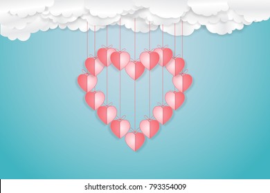Origami design of pink heart on blue sky and clouds background as paper art, craft style and happy valentine's day, February 14 concept. vector illustrator.