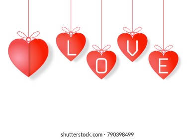 Origami design of pink love heart text isolated on white background as paper art, craft style and happy valentine's day concept. vector illustrator.