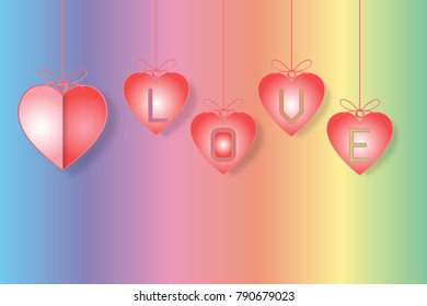 Origami design of pink love heart text on rainbow background as paper art, craft style and happy valentine's day concept. vector illustrator.