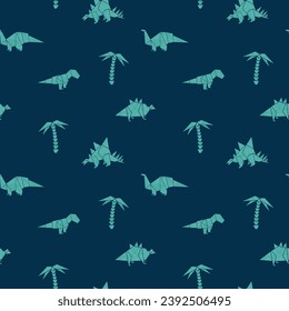 Origami dinosaurs seamless pattern.Fun dinosaurs with palm tree.Cute Dinosaur character design.Paper art vector print.