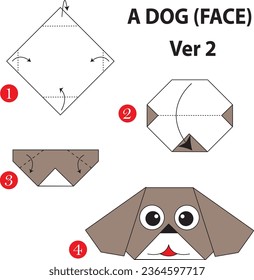 Ein Origami Hund (Gesicht) über 2. Schritt für Schritt Anleitung.