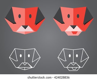 Origami Dog - illustration of folded origami dog faces, plus low-poly outline versions.